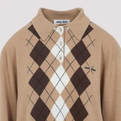Miu Miu Argyle Pattern Cashmere Polo Pullover In Neutral