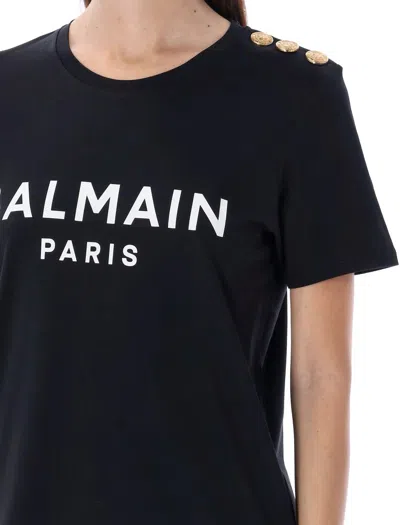 Balmain Black Crewneck T-shirt With Logo Print And Golden Buttons In Jersey Woman