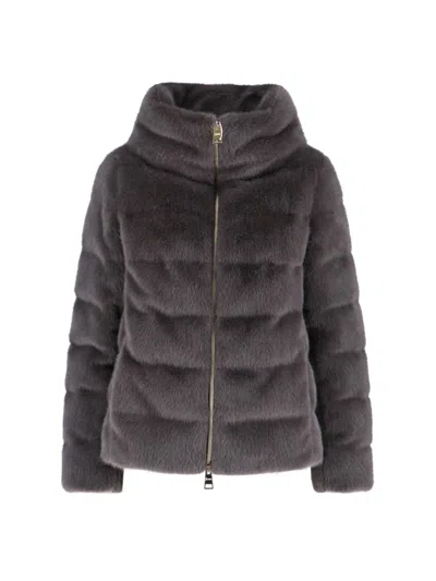 Herno Quilted High-collar Grey Faux Fur Coat In Black