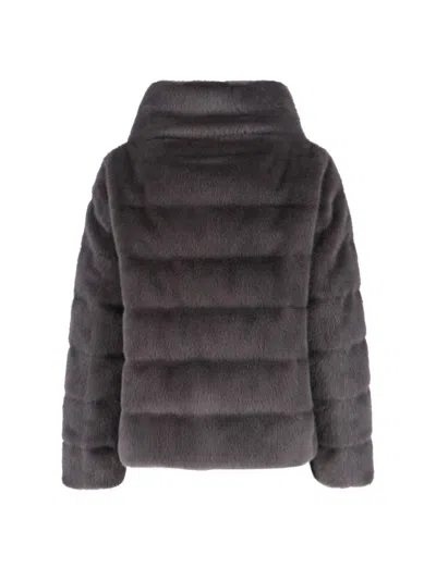 Herno Quilted High-collar Grey Faux Fur Coat In Black