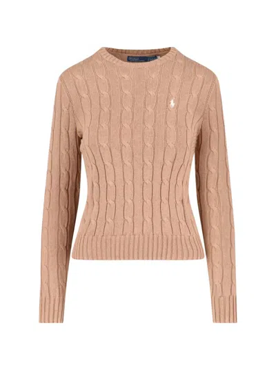 Polo Ralph Lauren Cable Knit Beige Sweater With Logo Embroidery In Nude