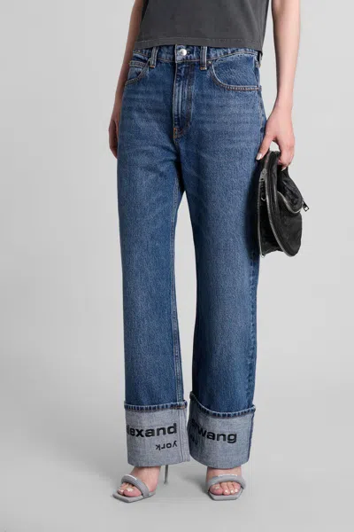 Alexander Wang Mid Rise Straight Jean With Embroidered Cuff In Blue