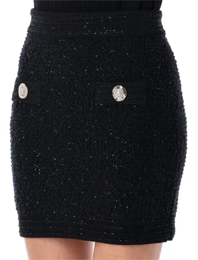 Balmain High Waist Short Tweed Skirt With Decorative Buttons