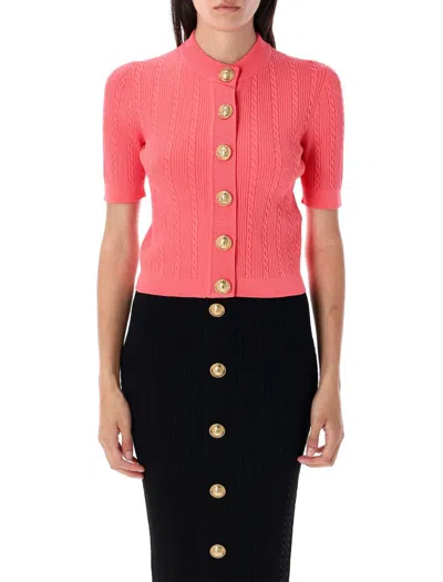 Balmain Ss Buttoned Torsade Knit Cardigan In Pink