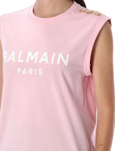 Balmain Logo Button Crew Neck Sleeveless Top In Pink