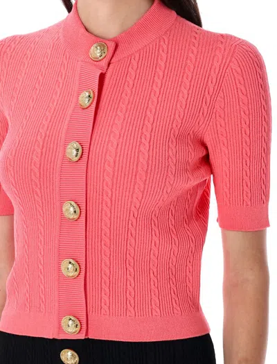 Balmain Ss Buttoned Torsade Knit Cardigan In Pink