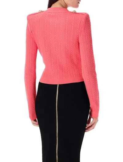Balmain Long-sleeved Cable-knit Cardigan In Pink