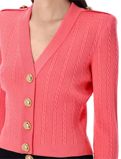 Balmain Long-sleeved Cable-knit Cardigan In Pink