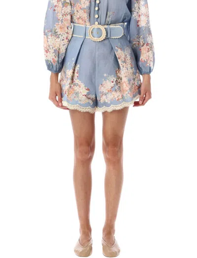Zimmermann Womens Cascadian Tuck Floral Linen Shorts Teal Blue Botanical
