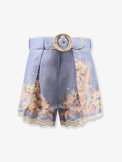 Zimmermann Womens Cascadian Tuck Floral Linen Shorts Teal Blue Botanical In Blue