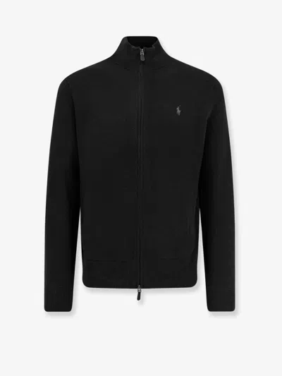 Polo Ralph Lauren Black Cardigan With High Neck And Pony Embroidery On The Front In Wool Man