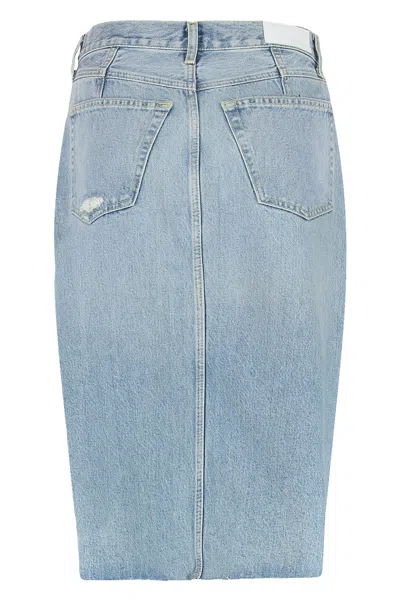 Re/done Denim Skirt With Back Pockets And Front Slit In Blue