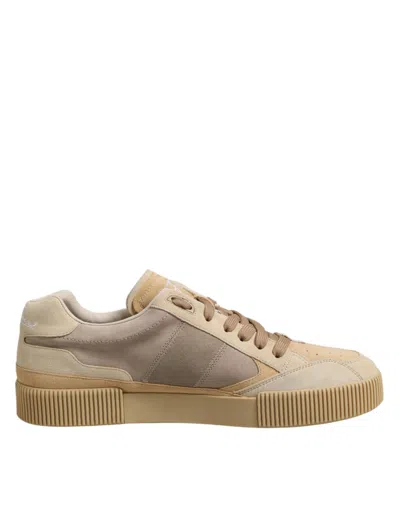 Dolce & Gabbana Beige Leather Low Top Lace Up Sneakers Shoes In Multi