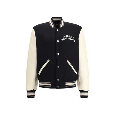 Amiri Mens Hollywood Embroidered-text Wool-leather Blend Bomber Jacket Black Xl In Black
