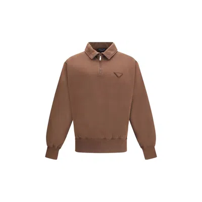 Prada Ribbed Polo Sweatshirt With Collar And Cuffs In Brown