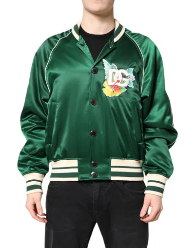 Dolce & Gabbana Green Floral Dg Logo Full Zip Bomber Jacket In Green