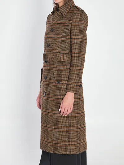 Saint Laurent Long Coat In Prince Of Wales Wool In Brown