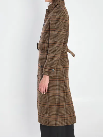 Saint Laurent Long Coat In Prince Of Wales Wool In Brown