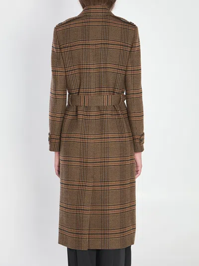 Saint Laurent Long Coat In Prince Of Wales Wool In Brown