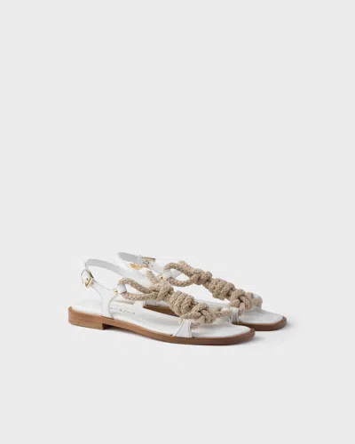 Prada Flat Leather And Cord Sandals In White
