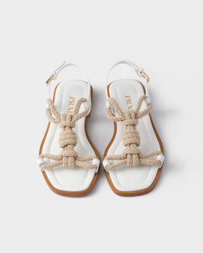 Prada Flat Leather And Cord Sandals In White
