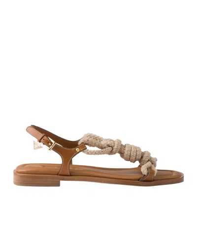 Prada Flat Leather And Cord Sandals In Brown