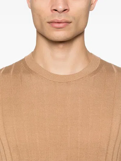 Tagliatore Ribbed Fitted T-shirt With Classic Crew Neckline In Brown