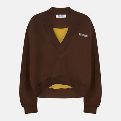 Attico Brown Cropped Sweatshirt With V Neck And Logo Lettering On The Front In Cotton Woman In Brown