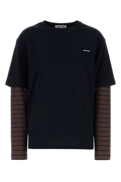 Miu Miu Layered Top With Striped Sleeves And Classic Crew Neckline In Black