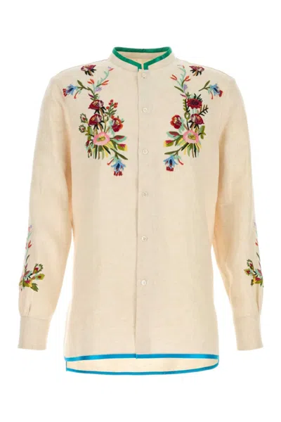 Valentino Linen Shirt With Embroidered Design And Mandarin Collar In Multi