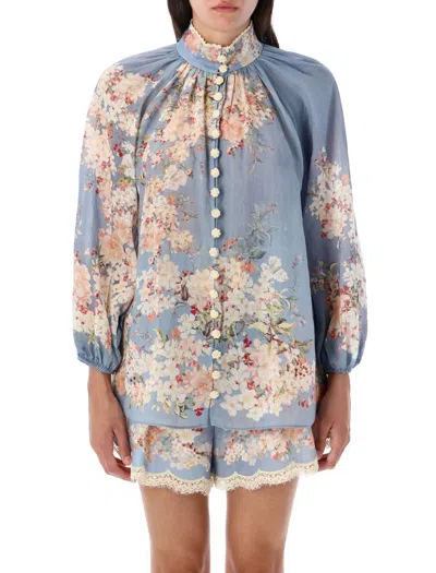 Zimmermann Womens Cascadian Billow Floral Woven Blouse Teal Blue Botanical