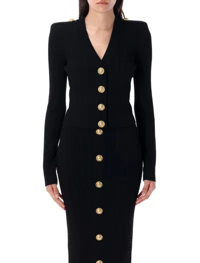 Balmain Black Ribbed Cardigan With Shoulder Pads And Logoed Metal Buttons