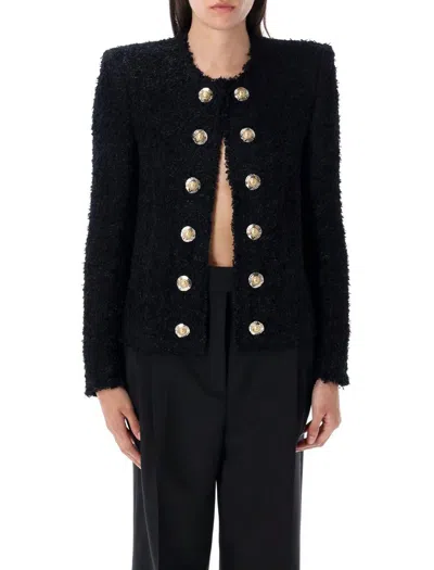 Balmain Tweed Jacket With Frayed Edges And Gold-tone Buttons In Black