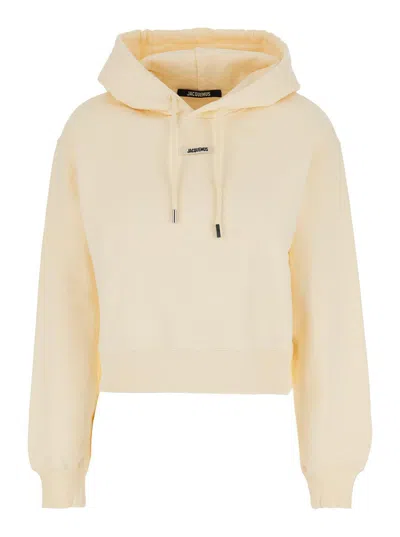 Jacquemus Cotton Hoodie With Drawstring Hood And Ribbed Details In Neutral