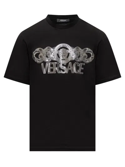 Versace Black T-shirt With Medusa Head Logo Print On The Front In Cotton Man