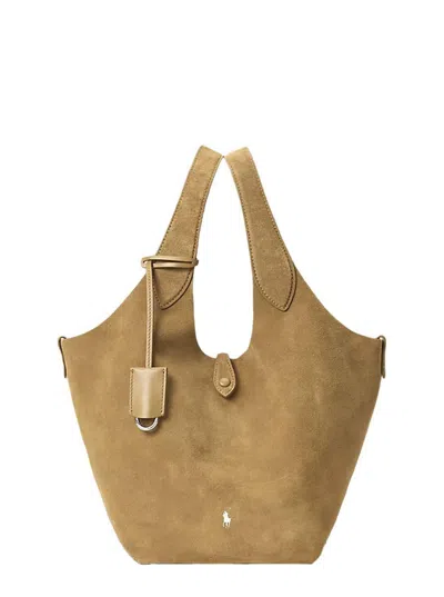 Polo Ralph Lauren 'polo Play' Brown Shoulder Bag With Pony Embroidery On The Front And Two Top Handles In Suede Woman