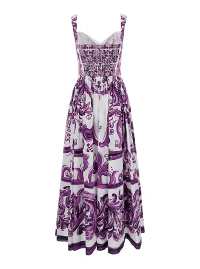 Dolce & Gabbana Long Poplin Dress With Majolica Print In Purple