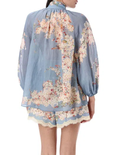 Zimmermann Womens Cascadian Billow Floral Woven Blouse Teal Blue Botanical
