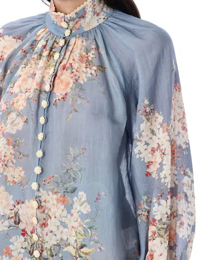 Zimmermann Womens Cascadian Billow Floral Woven Blouse Teal Blue Botanical