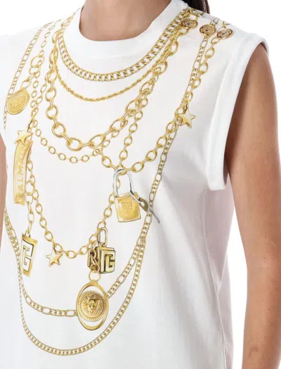 Balmain White Sleeveless Top With Maxi Necklace Print On Front And Rear In Cotton Woman