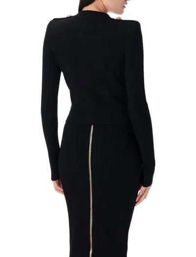 Balmain Black Ribbed Cardigan With Shoulder Pads And Logoed Metal Buttons
