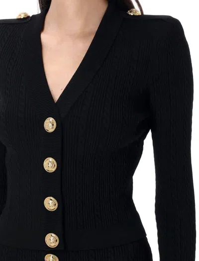 Balmain Black Ribbed Cardigan With Shoulder Pads And Logoed Metal Buttons