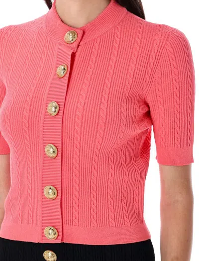 Balmain Ss Buttoned Torsade Knit Cardigan In Pink