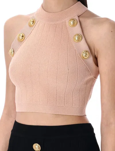 Balmain Ribbed Halter Neck Top With Gold Buttons In Black