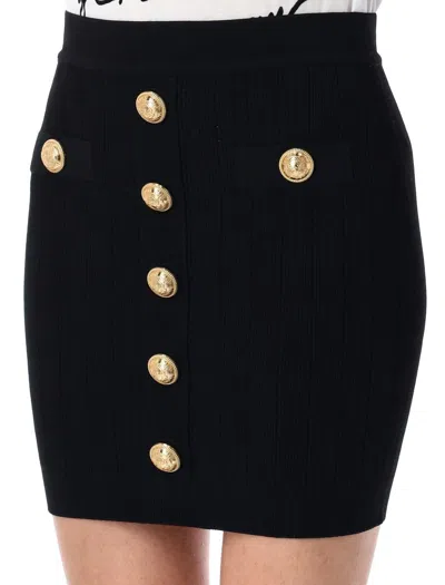Balmain Black Mini Pencil Skirt With Jewel Buttons In Stretch Viscose Blend Woman In Black