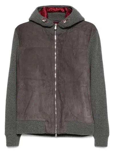 Brunello Cucinelli Grey Suede And Knit Hooded Jacket