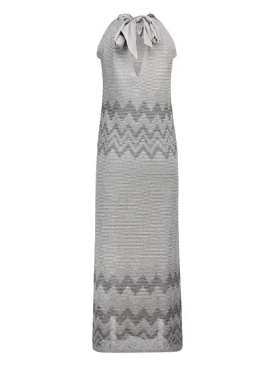 D Exterior Metallic-knit Halterneck Dress In Gray