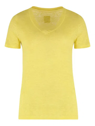 120% Lino V-neck Linen T-shirt In Yellow