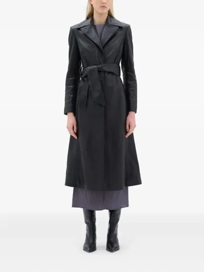 Remain Birger Christensen Belted Leather Coat In Black