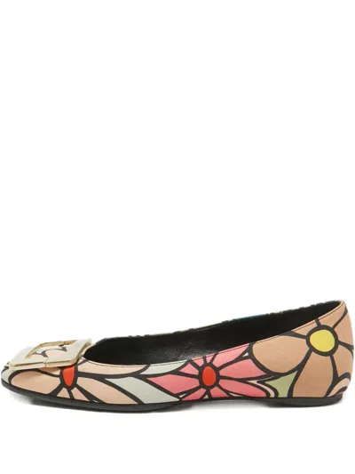 Pre-owned Roger Vivier Vintage  Floral-print Buckled Flats In Neutral